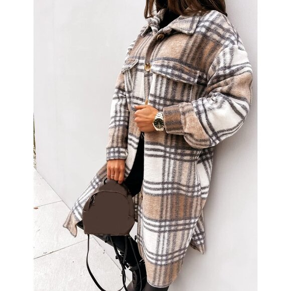 Chic Khaki Plaid Long Flannel Shacket for Women - Cozy and Stylish Outerwear - Picture 5 of 6